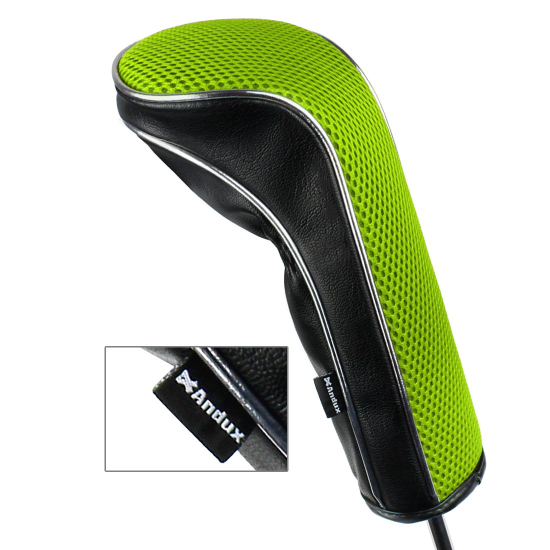 Andux Golfschlägerhauben aus Holz für 460cc Driver mit Klettverschluss, 3er-Set, MT/MG28 Schwarz/Grün, Langer Hals