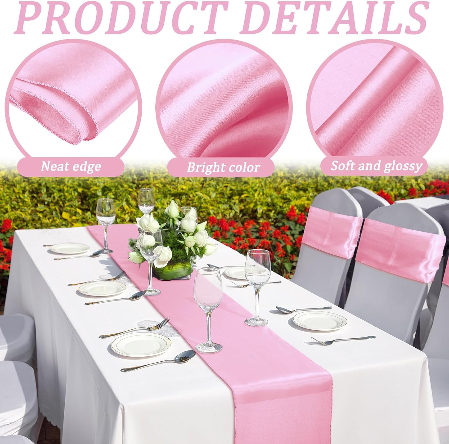 Bencailor 24 Pcs Pink Satin Table Runner Bulk 12 x 108 Inches Long Table Runners Bright Smooth Fabric Tablecloth for Wedding Banquet Birthday Spring Graduation Party Decorations