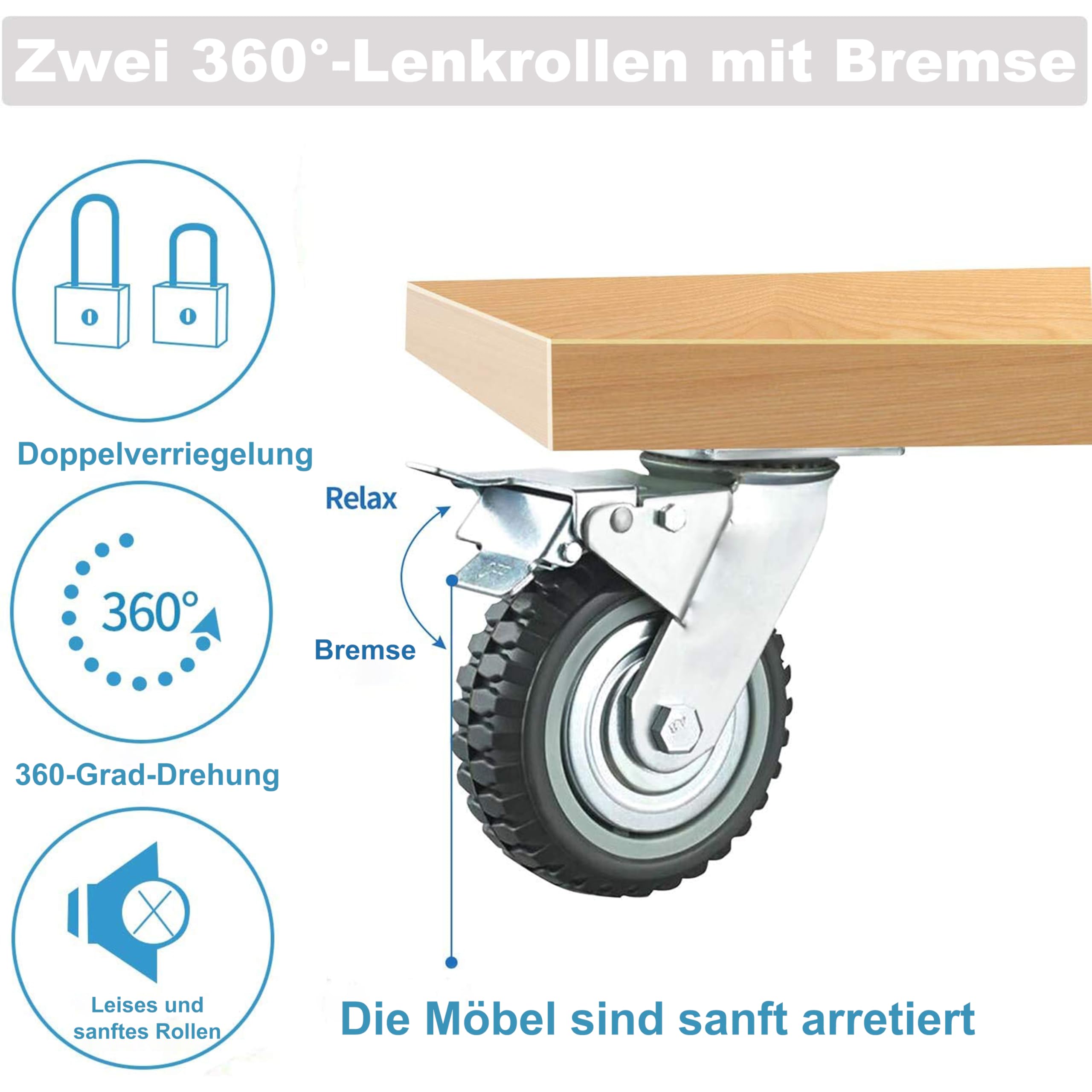 uyoyous 4 ruote girevoli per esterni, pesanti da 200 mm, rotanti a 360°, per mobili, portata: 900 kg (2 freni)