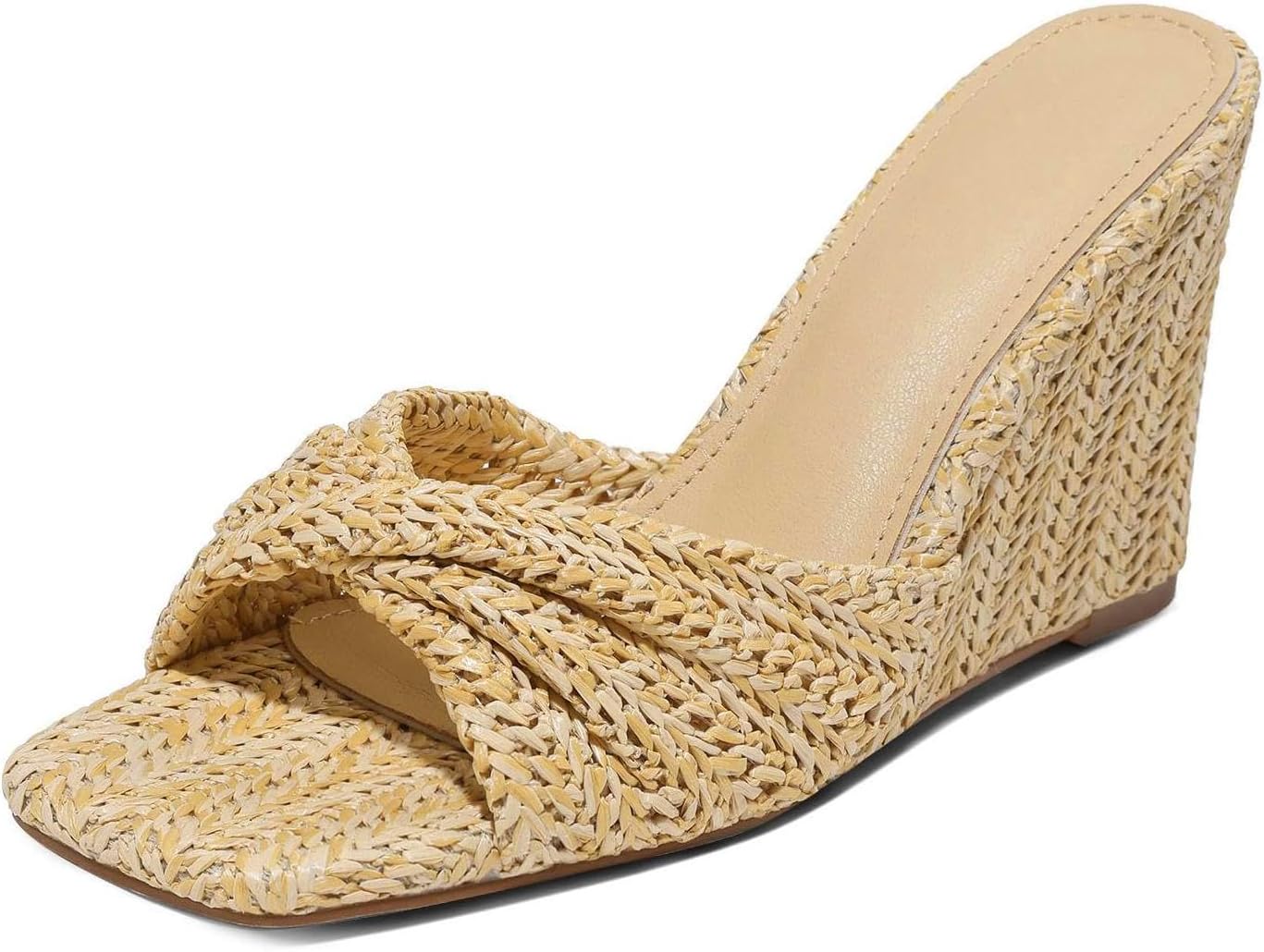 Wedge Sandals for Women Summer Raffia Braided Mules Slides - Slip On, Square Open Toe, Dressy, Beach, Evening