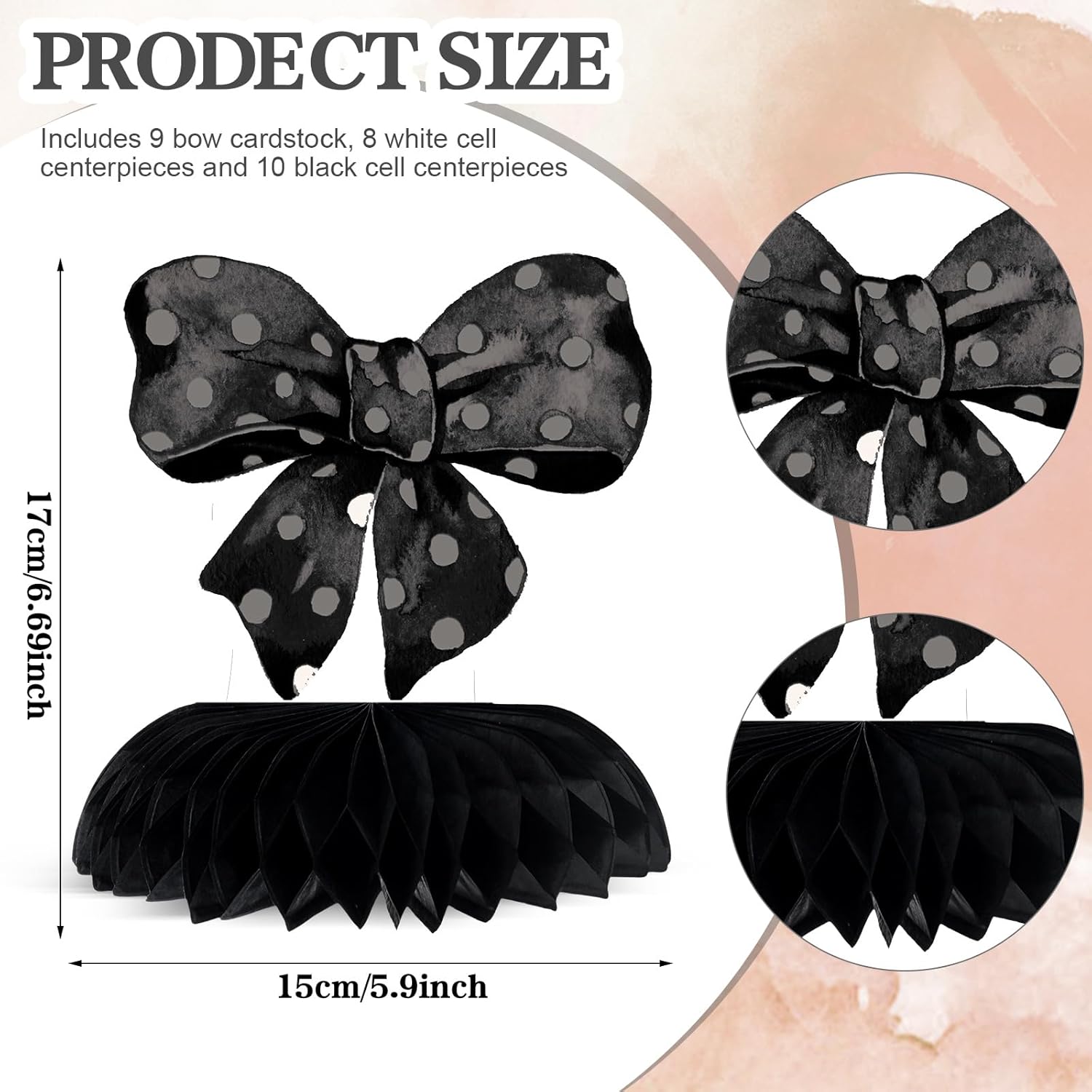 Fulmoon 9 Pcs Black Bow Honeycomb Centerpieces Decorations Coquette Birthday Party 3D Table Decorations Bow Paper Honeycomb Cutouts Party Supplies for Birthday Baby Bridal Shower Wedding Decor