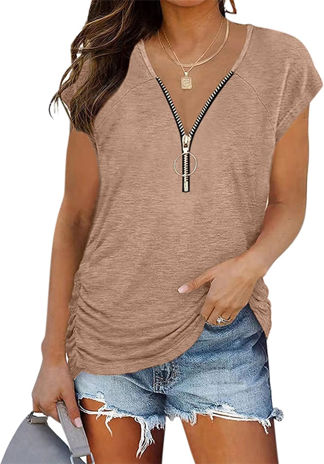 Women's Zip Front V-Neck Short Sleeve Casual Comfy Tunic Top Stretchy Blouse Shirt Loose Fitting Cotton T Shirts