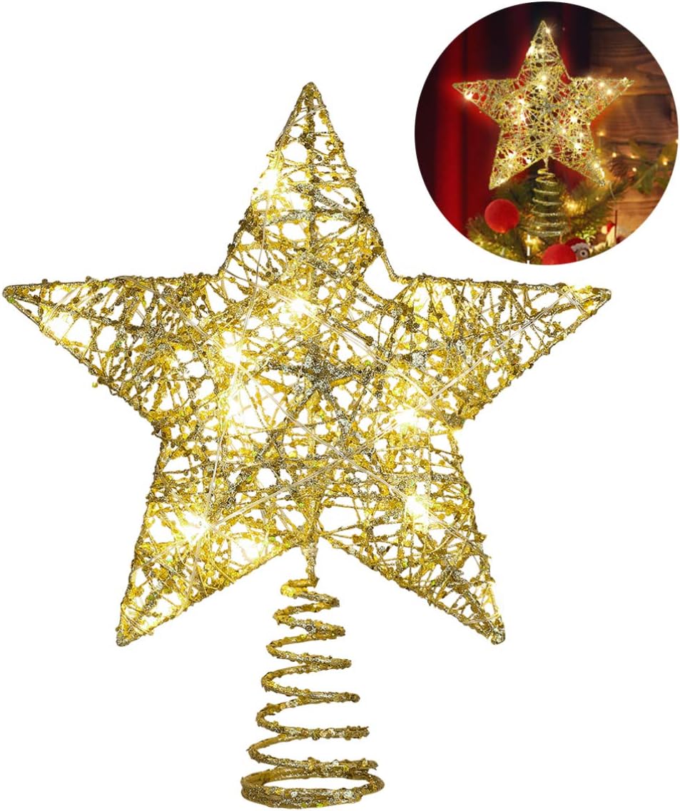Christmas Tree Topper Star with 20 Led Lights, Gold Glitter Wire Star Treetop Decoration for Xmas Party Battery Powered