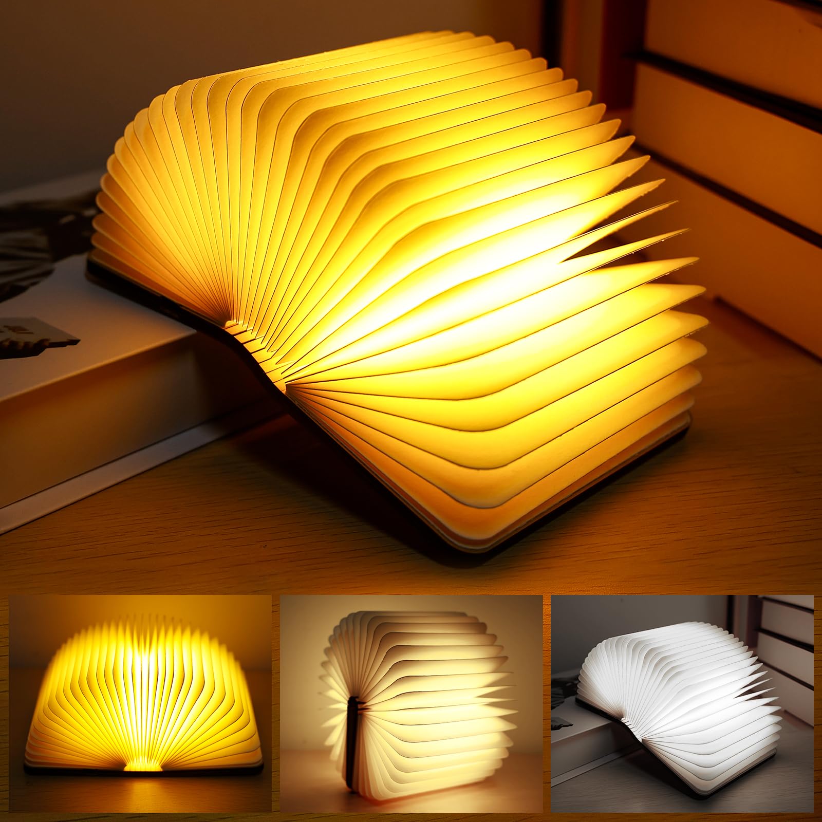GAOUTO Luz LED para libros, plegable, 3 colores, magnética, luz de estado de ánimo, recargable por USB, lámpara de noche para decoración del hogar y biblioteca, regalo