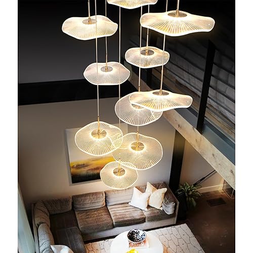 ziidoo High Ceiling Chandelier - 18-Light Dimmable Modern Gold Long Spiral Luxury Linear Lotus Leaf Led Lamp Hanging Pendant Lights for Foyer Enterway Staircase Villas