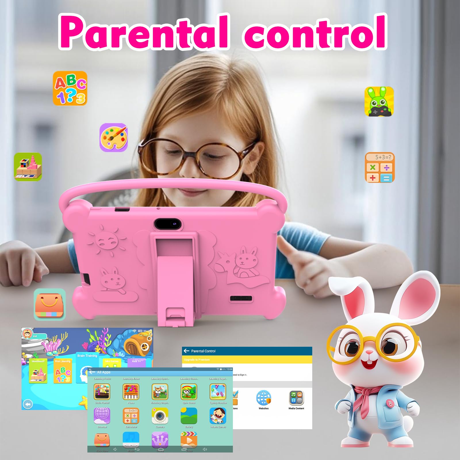 Tablet per bambini da 7 pollici 3-9 per bambini, 32 GB ROM con custodia antiurto, software Android per bambini installato Netflix, YoutTube, app aiwawa, controllo genitori, doppia fotocamera