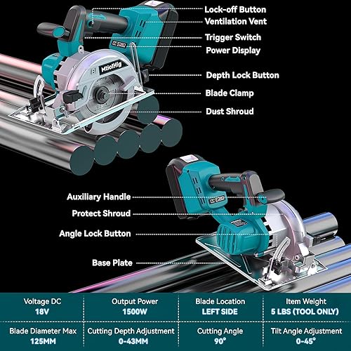 Miniatura 2 de Sierra circular inalámbrica de 5 pulgadas para batería Makita de 18 V, sierra compacta sin escobillas de 6000 RPM, profundidad máxima de corte de