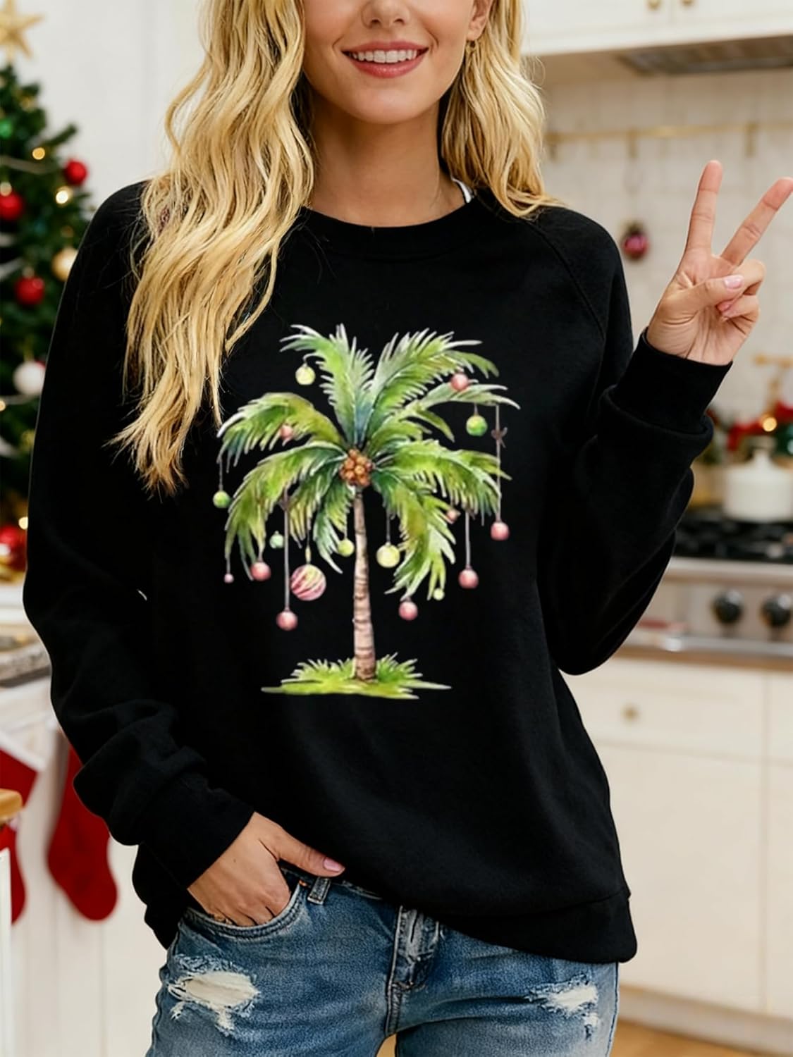 LLHXRUI Christmas Palm Tree Sweatshirt for Women Funny Hawaiian Beach Tropical Xmas Pullover Long Sleeve Christmas Shirt Top - Image 2