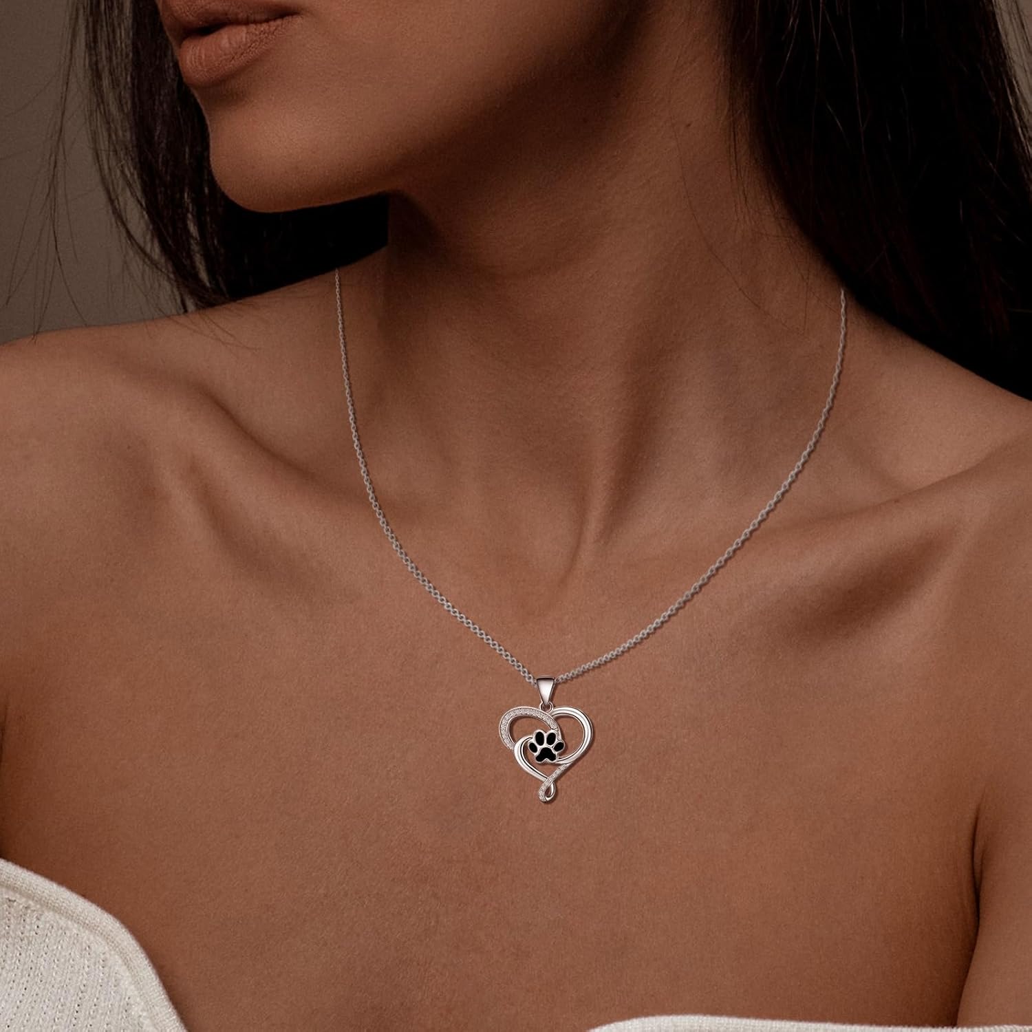 KITEENAL Heart Print Sterling Silver Adjustable Necklace - Cute Animal Pendant for Teens Girls Women - Puppy Dog Cat Pet Cubic Zirconia Love Heart Gifts for Birthday, 19 inch - Image 2
