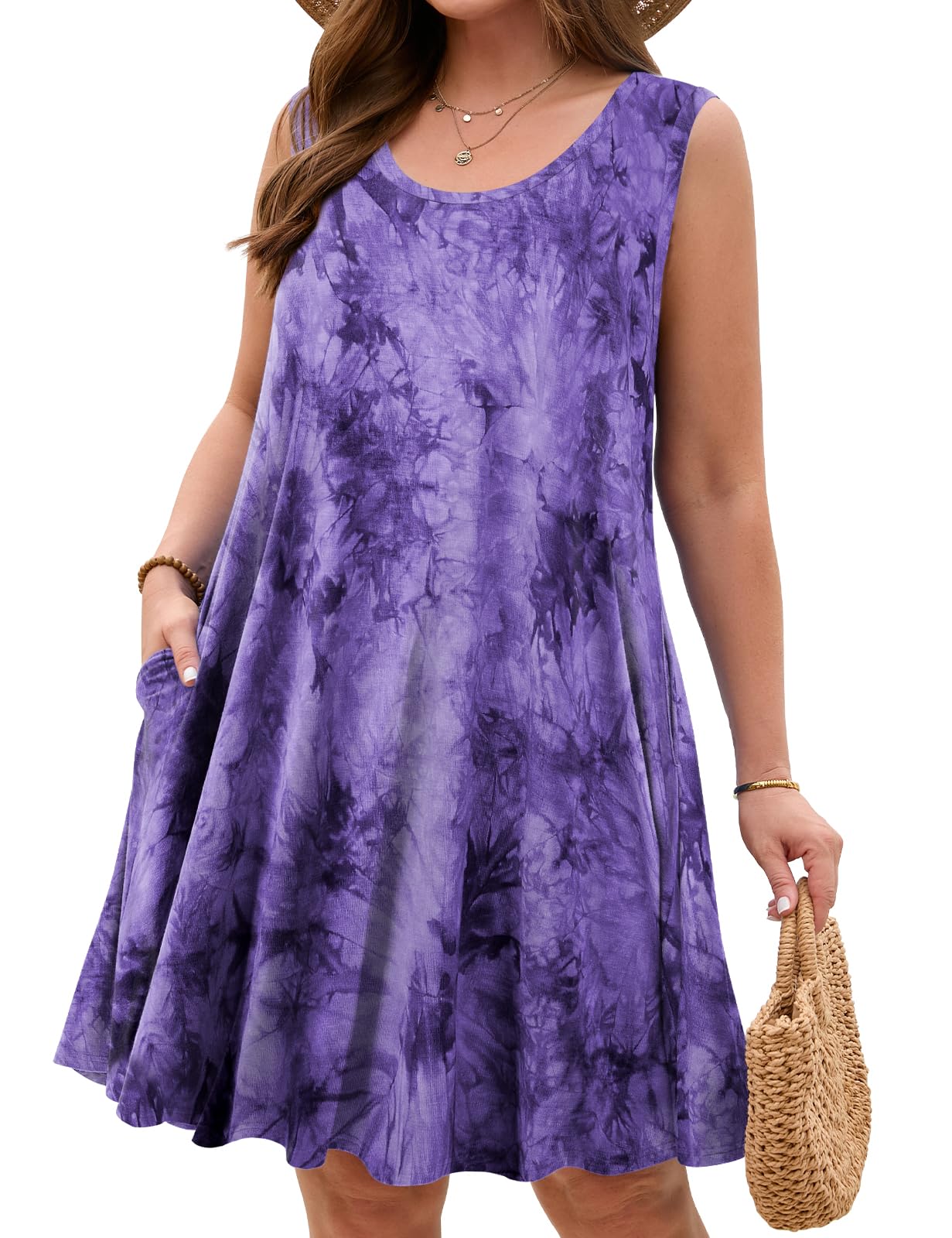 JollieLovin Women Plus Size Curvy Summer Tank Sun Dresses Sleeveless Causal T-Shirt Dress Beach Swing Cover up(L-5X)