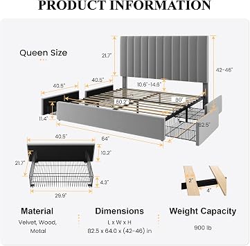SHA CERLIN Queen Platform Bed Frame with 4 Oversized Storage Drawers