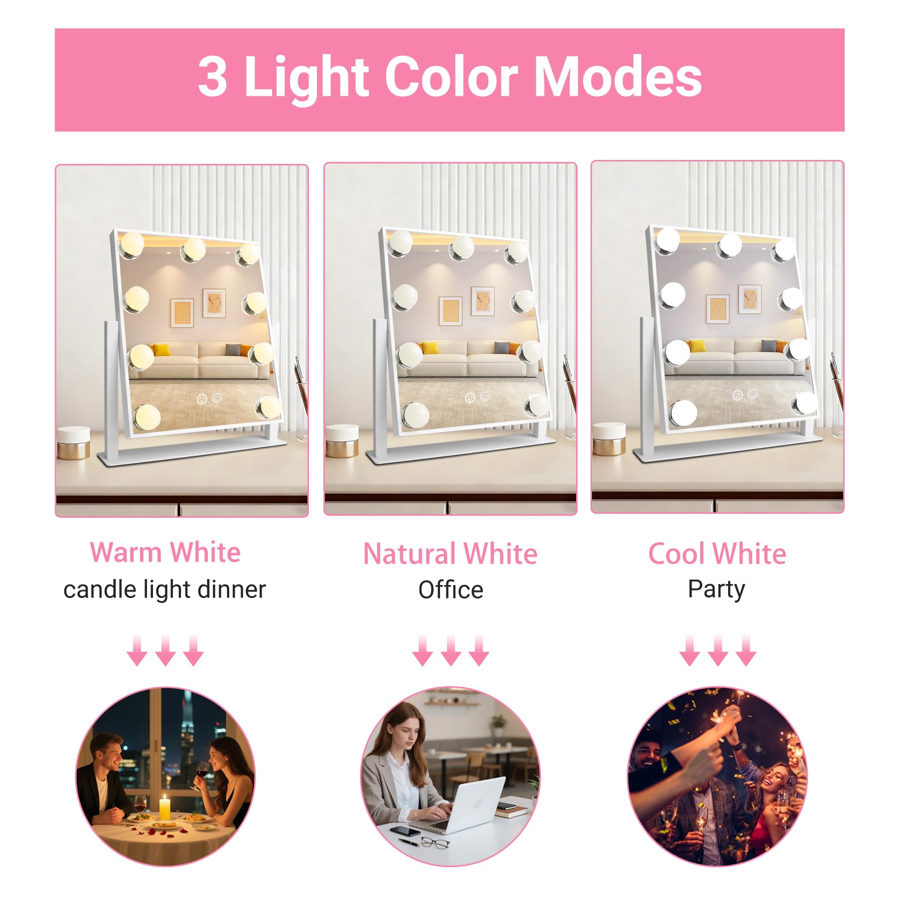 sylvwin Hollywood Specchio per il Trucco con 9 Luci LED - Ruotabile a 360°,3 Temperature di Colore Regolabili (3000K/4000K/6000K) Specchio Tavolo,Controllo Touch,Dimmerabile,Specchio di Vanità Plug-in