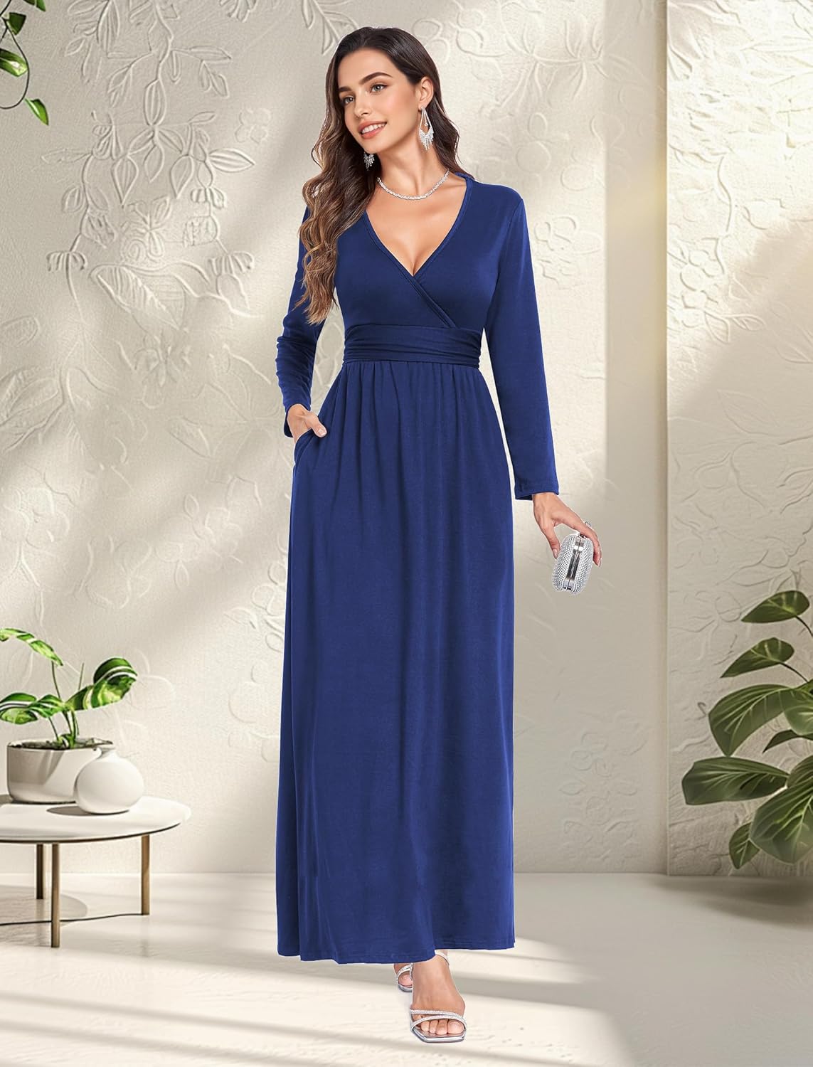 Lacavocor Women's Long Sleeve Deep V Neck Maxi Dress Casual Wrap Waist Long Dress with Pockets - Image 5