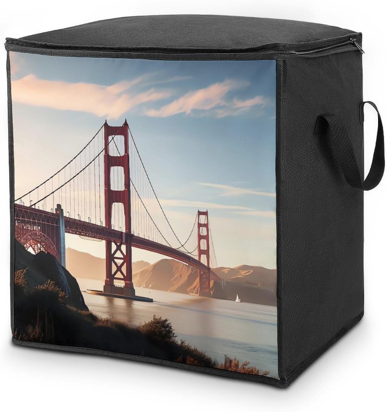 Portable Quilt Storage Bag,Golden Gate Bridge Printed Foldable Wardrobe Storage Box Foldable Storage Bag with Lids And Handle Large Clothing Storage Bag for Comforters Clothes Blankets Pillows