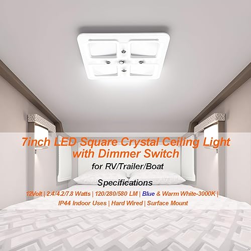 Miniatura 2 de Dream lighting Luz de techo LED regulable de 12 V con interruptor, panel de luz cuadrado de cristal de 7 pulgadas para caravana, remolque, cámper,
