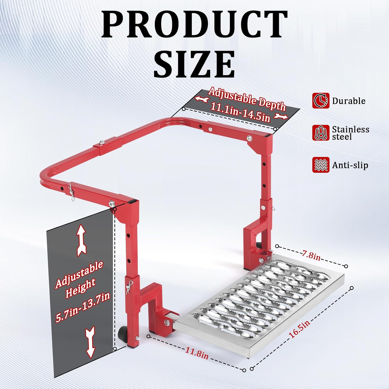 Folding Heavy Duty Tire Step for Truck, SUV and RV Adjustable Tire Mounted Step Fit Most Tire from 11.1” to 14.3”, Rated up to 370 Lbs, Shark Jaw Non-Slip Steel Platform（Red）