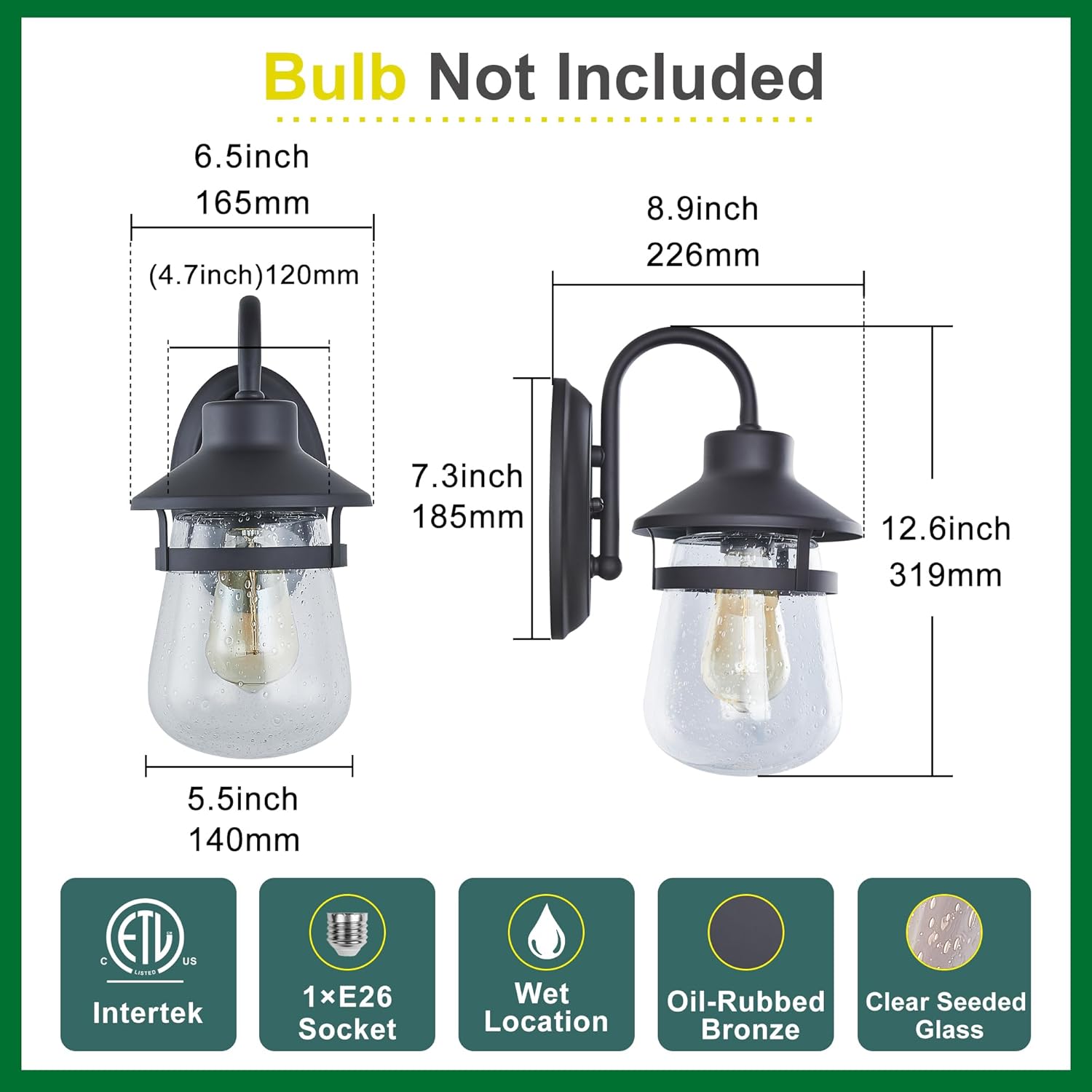 Outdoor Wall Sconce with Clear Seeded Glass Shade,Waterproof Exterior Fixture in Oil Rubbed Bronze Finish,Suit for Wet Locations,Easily Installed in Porch Patio Entryway,Doorway,Corridor