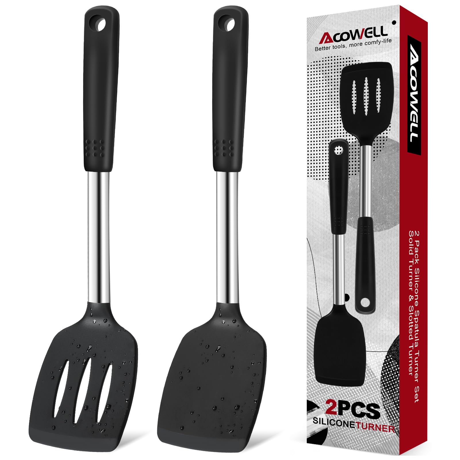 Silicone Spatula Turner Set, Premium Spatulas Silicone Heat Resistant Pack of 2 Kitchen Spatula for Nonstick Cookware, Solid & Slotted Rubber Turners for Fish, Eggs, Pancakes, Wok, Cooking Utensils