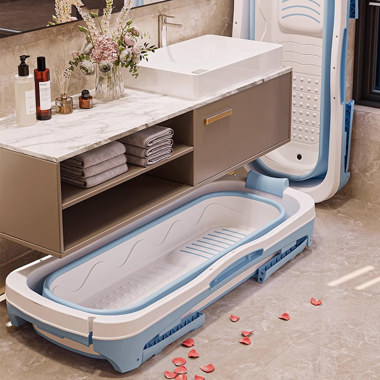 Składana Wanna dla Dorosłych Przenośna Wanna z Pokrywą, Bez Montażu Ergonomiczna i Głęboka, Idealna do Małych Łazienek, Mieszkań, Podróży(150 x 58 x 60 cm)