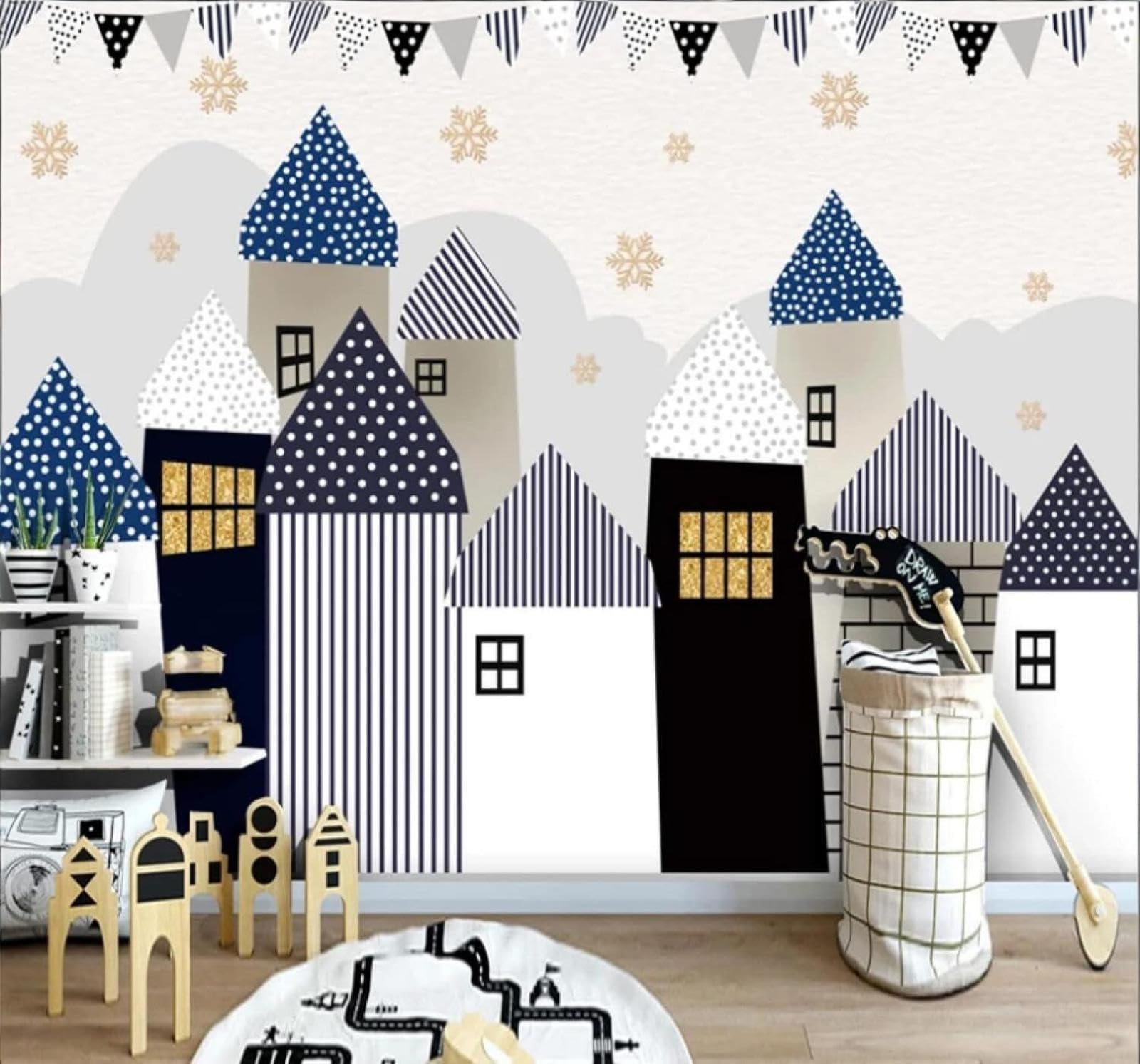 Xlming 350Cm×256Cm(B×H) Cartoon Hand Drawn Houses Castles Snowflakes 3D Wallpaper Luxury Silk Study Dining Feature Sofa Grey Bedroom Living Room Tv Decorative Wall-350Cm×256Cm