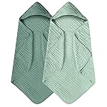 Yoofoss Hooded Baby Towels for Newborn 2 Pack 100% Muslin Organic Cotton Baby Bath Towel with Hood for Babies, Infant, Toddler and Kids, 32x32Inch, Soft and Absorbent Newborn Essential, Gradient Green
