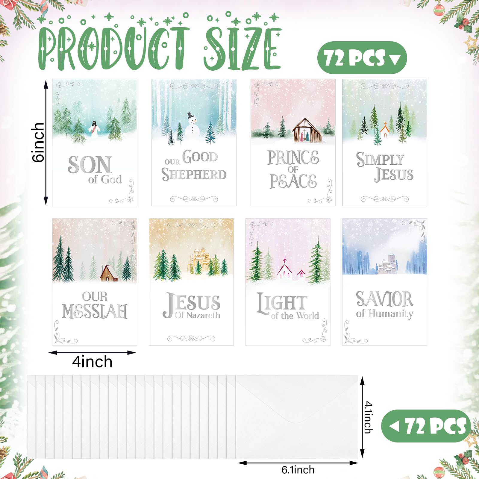 Ctosree Lot de 72 cartes de Noël religieuses avec enveloppes pour célébrer la naissance de Jésus - Assortiment en vrac - Cartes postales chrétiennes pour fêtes de Noël