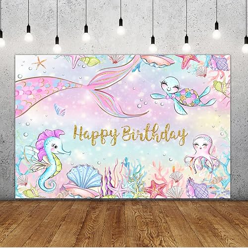 Lofaris Telón de fondo de fotografía bajo el mar de 5 x 3 pies para niñas, sirenita, fiesta de cumpleaños, hipocampo, concha, tortuga, fondo coral,
