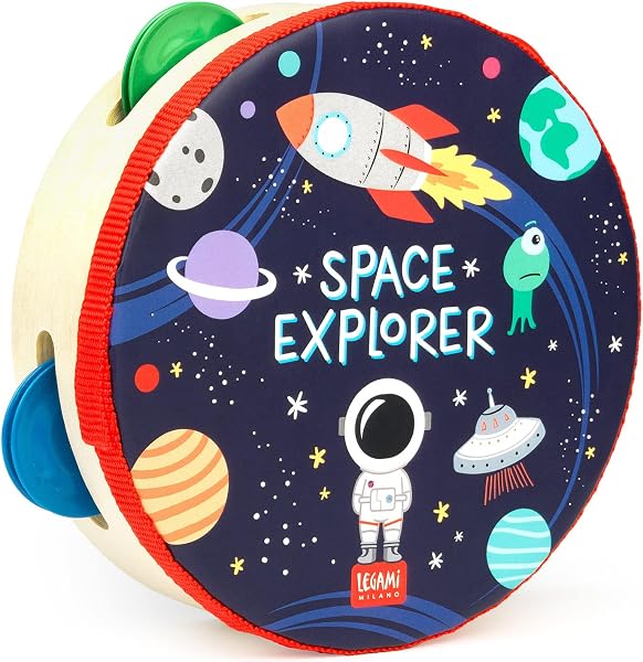 Legami - Tamburello, per Bambini, con 4 Sonagli, migliora la Coordinazione, Capacità motorie, Senso del Ritmo, Ø 14,5 cm, Tema Space, Taglia unica - 1
