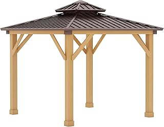 Outsunny 10' x 10' Hardtop Gazebo with Galvanized Steel Double Roof, Wooden Frame, Permanent Pavilion with Ceiling Light Hook, for Garden, Patio, Backyard
