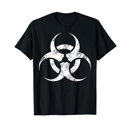 Cool Symbol Tees Biohazard T-Shirt - Men's Black Distressed Modern Crew Neck Short Sleeve T-Shirt - Small
