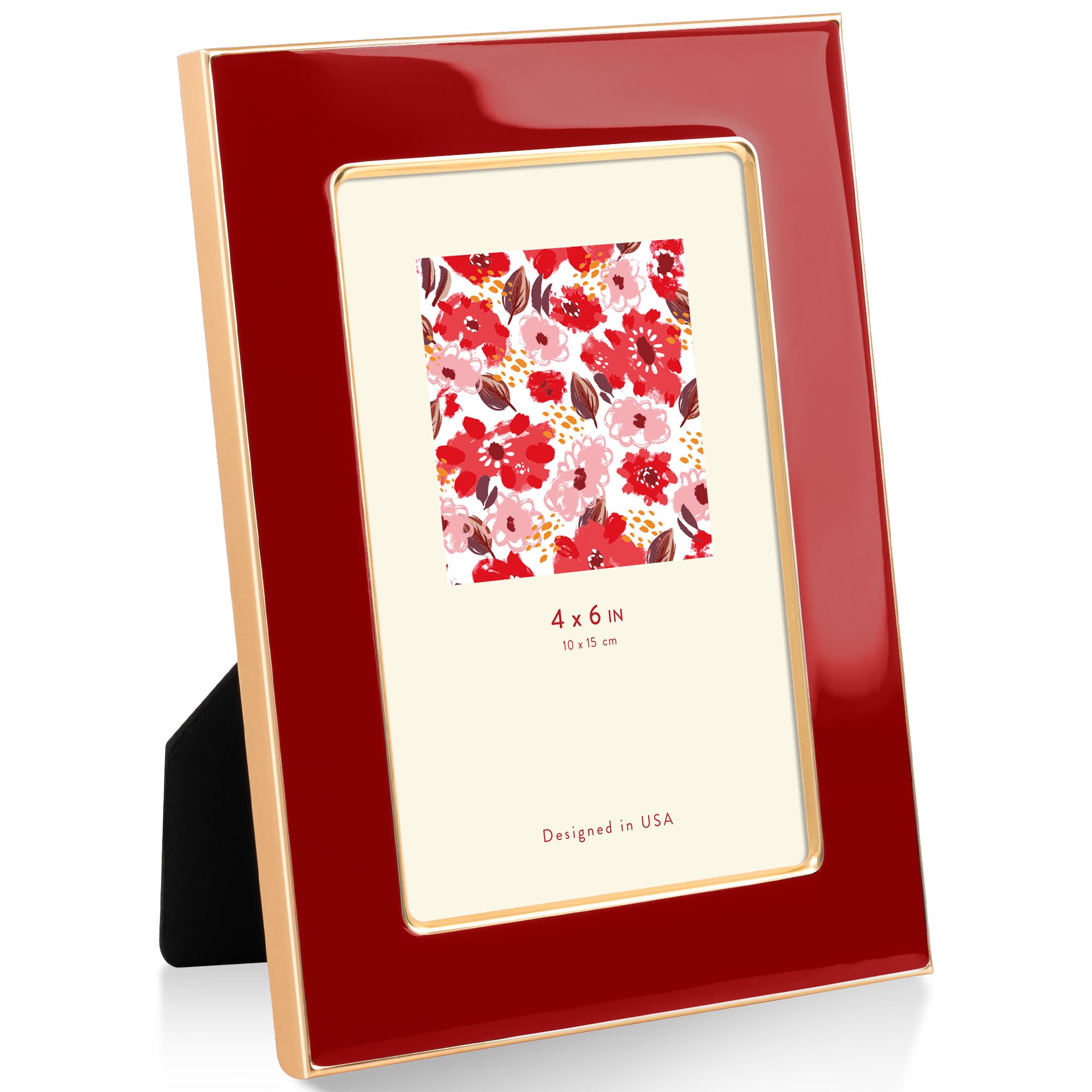 4"x6"(10x15cm) Enamel Picture Frame with Gold Metal Edge, HD Tempered Glass Photo Frame with Velvet Back & Easel Stand for Wall or Tabletop Display Family Office Photo Gallery, Red