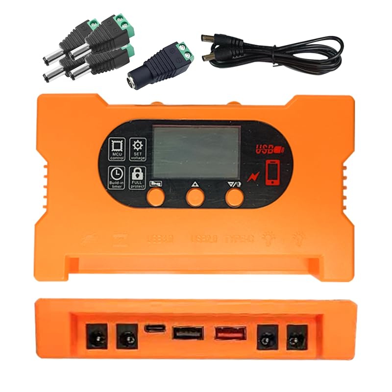 Controlador de Carga Solar PWM Generic 100 A para Baterias 12 V e 24 V, Chumbo-Ácido, Lítio e LFP, com USB, USB-C e 4 DC5521, Laranja