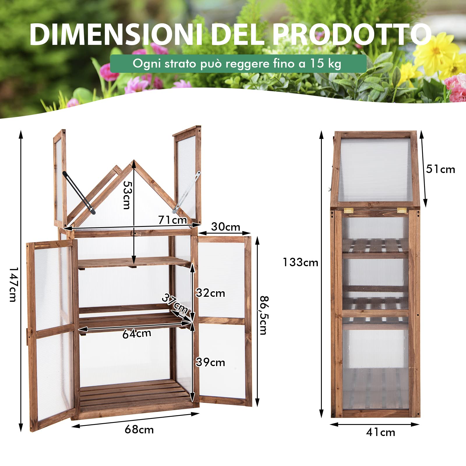 COSTWAY Mini Serra da Giardino in Legno a 3 Livelli, Serra da Giardino con Coperchio Apribile, Ripiani Rimovibili, Serra a Forma di Casetta da Interno ed Esterno, 71 x 41 x 133 cm