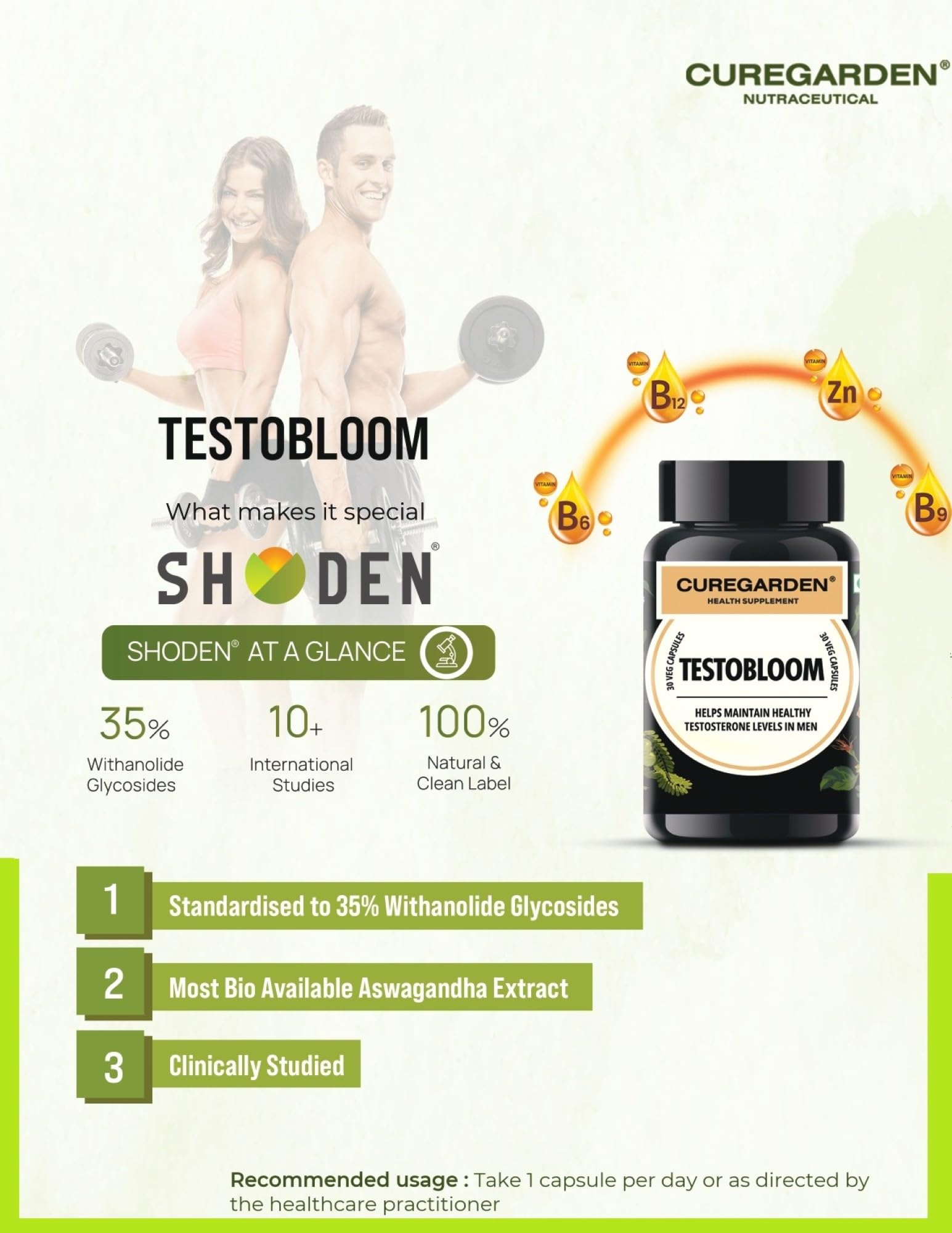 Curegarden Testobloom | Testosterone Booster for Men with Shoden Ashwagandha 500mg + Zinc + Vitamins B6 & D3 | Clinically Studied Ingredients | Supports Muscle Growth & Stamina | GMP & Halal | 30 Capsules — Amazon image 2