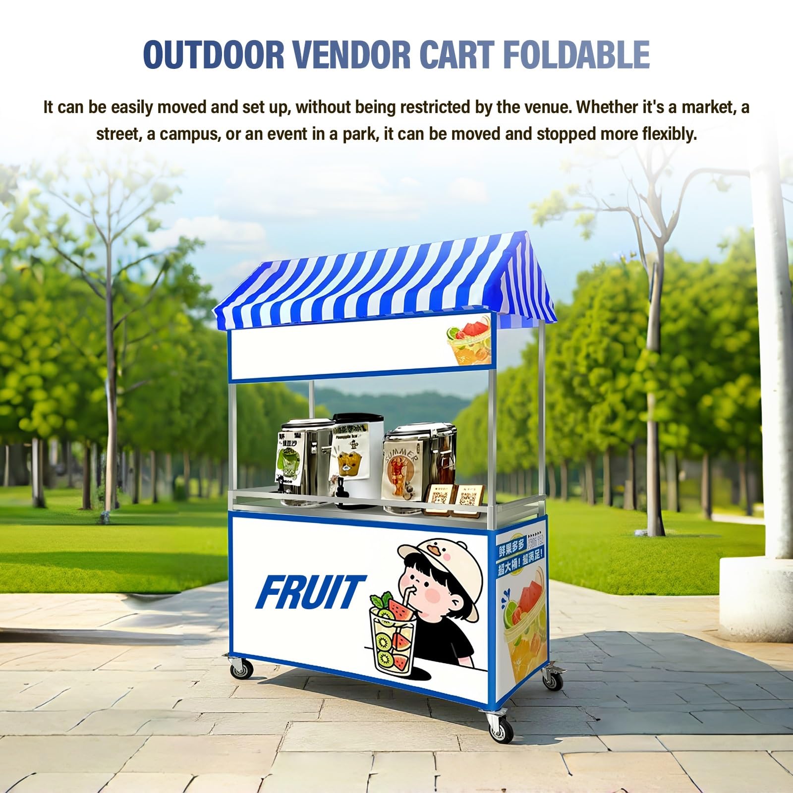 Carrello Da Vendita Mobile Per Esterni Con Tetto A Strisce, Banco Pieghevole Per Street Food, Snack E Bevande, Doppio Ripiano E Ruote Bloccabili, Ideale Per Mercatini Ed Eventi Pop-up