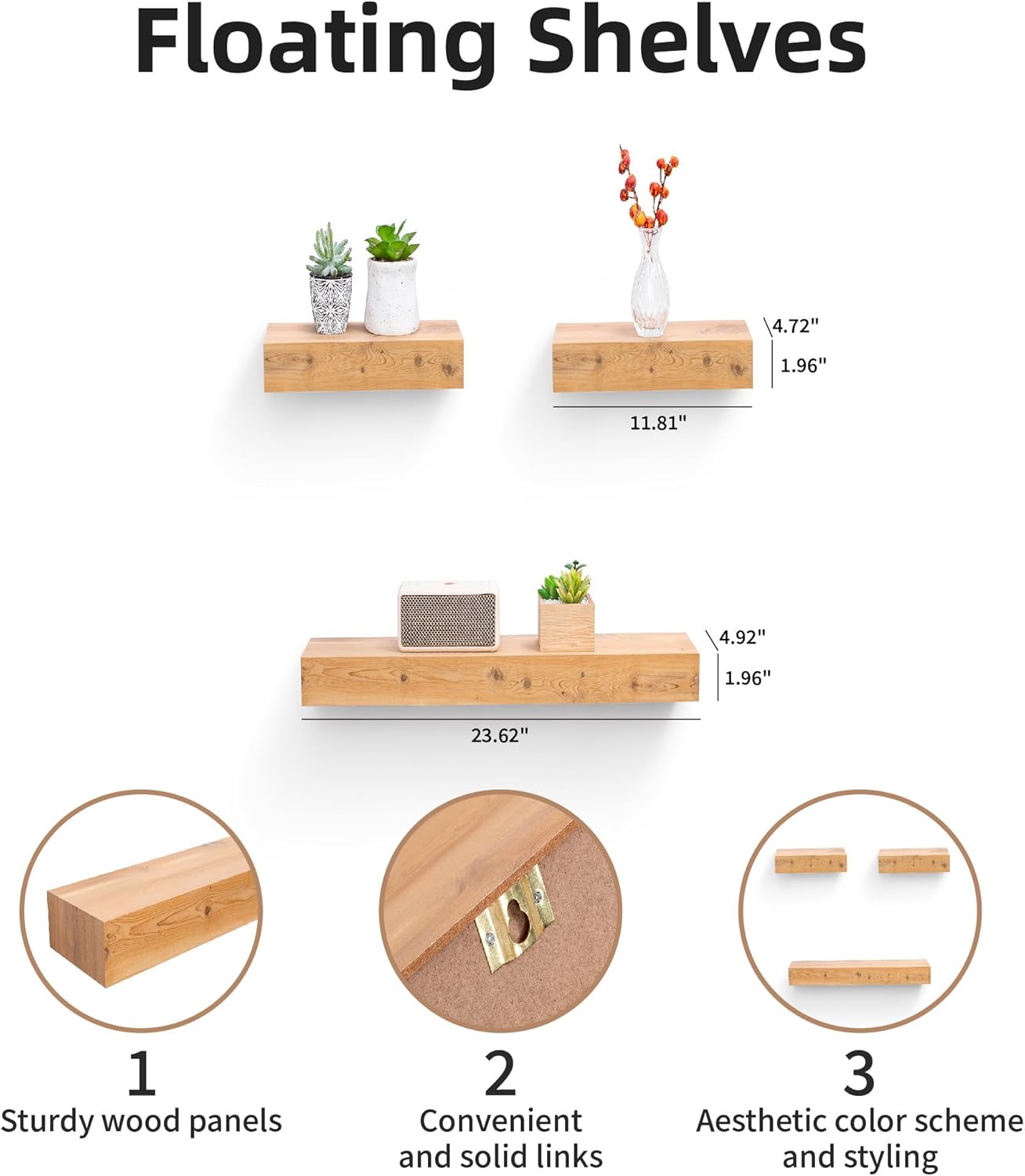 Floating Wall Shelves Set of 3 – MDF Wood Wall Mounted Shelf for Living Room, Bedroom, Bathroom, Office – Decorative Storage Racks for Plants, Photos, Books (Natural Wood, Large Set)