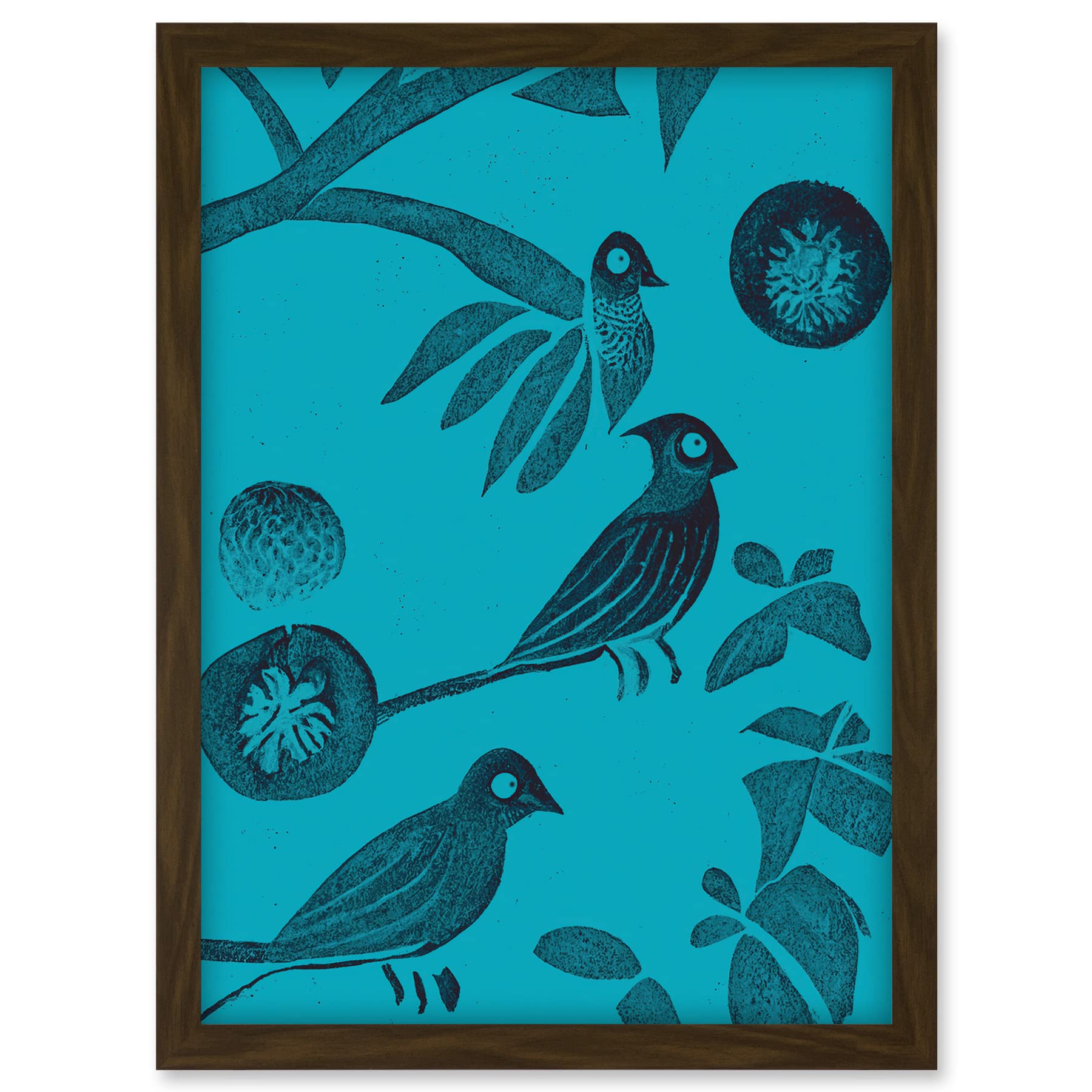 Doppelganger33 LTD Linocut Vintage Blue Birds Jungle Pattern Illustration Teal Artwork Framed A3 Wall Art Print