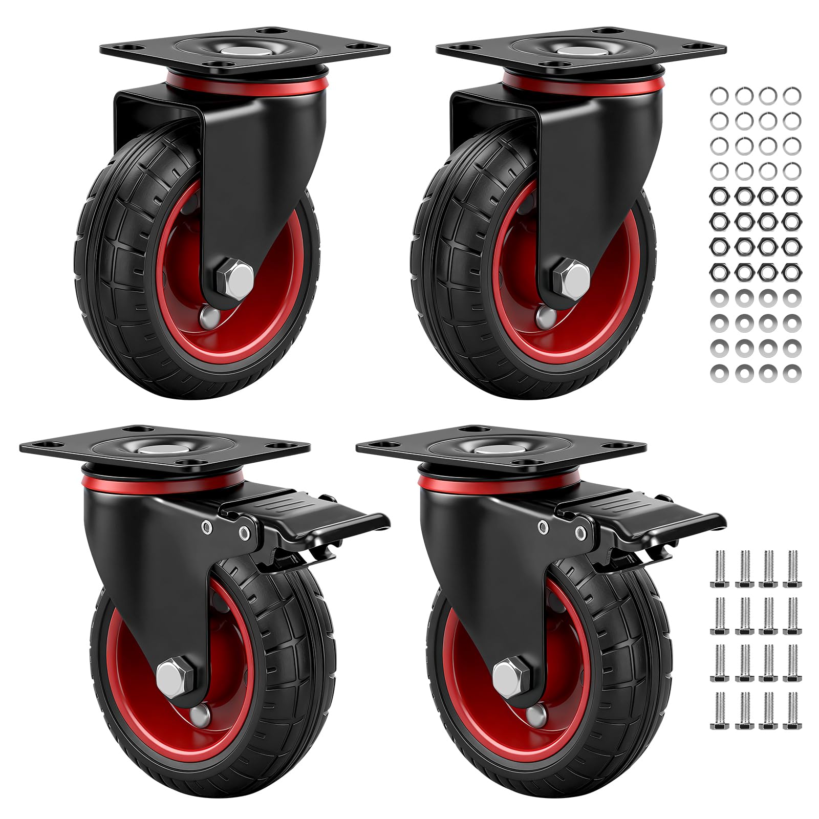 Set di 4 ruote per carichi pesanti, ruote piroettanti da 100 mm con freno, girevoli a 360°, ruote in gomma policloruro piena antiscivolo, portata 600 kg (2 ruote piroettanti, 2 ruote con freno)