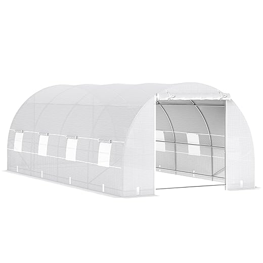 Outsunny 20' x 10' x 7' Walk-in Tunnel Greenhouse with Zippered Door & 8 Mesh Windows, Large Garden Green House Kit, Galvanized Steel Frame, White