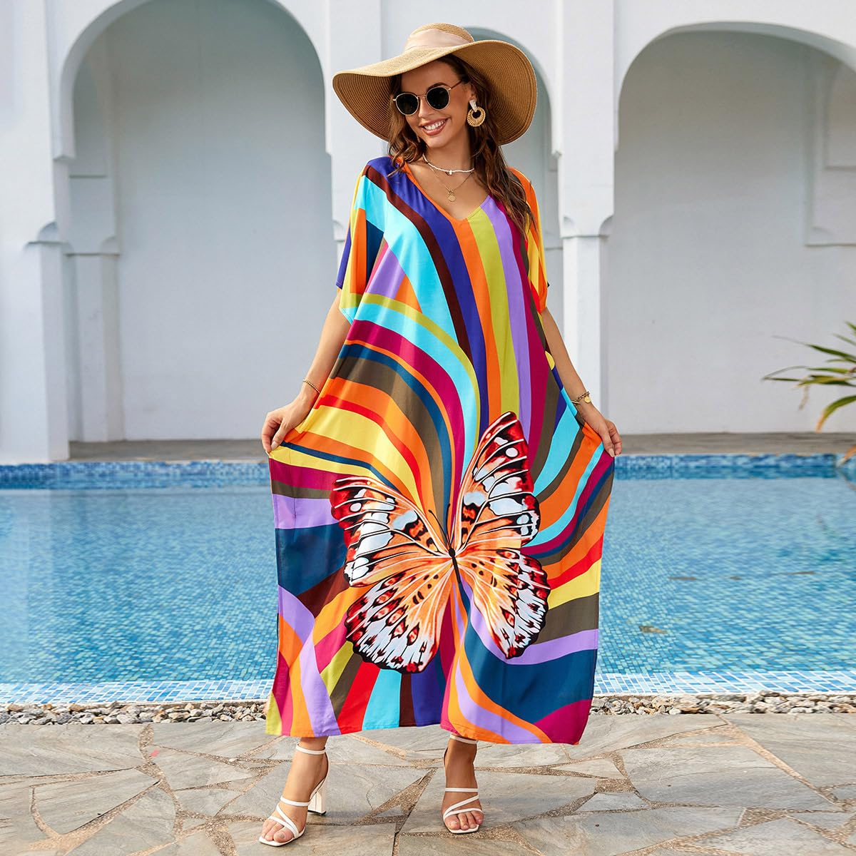 Strandkleid Women's Clothing Print Kaftan Dresses Long Caftans Bathing Suit Cover Up Casual Bikini Beach Dress Multicolor Strandkleider(DN1171 Yellow-Green)