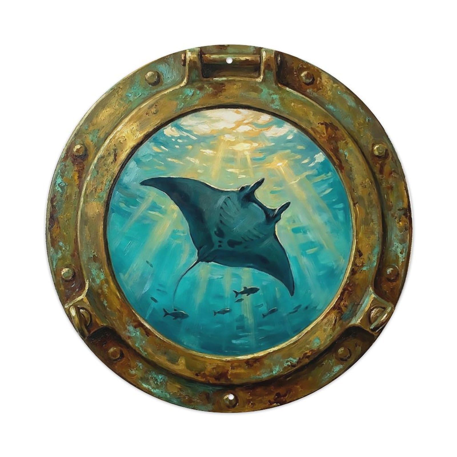 Vintage Porthole Manta Ray Ship Window Undersea Deep Sea Metal Tin Sign