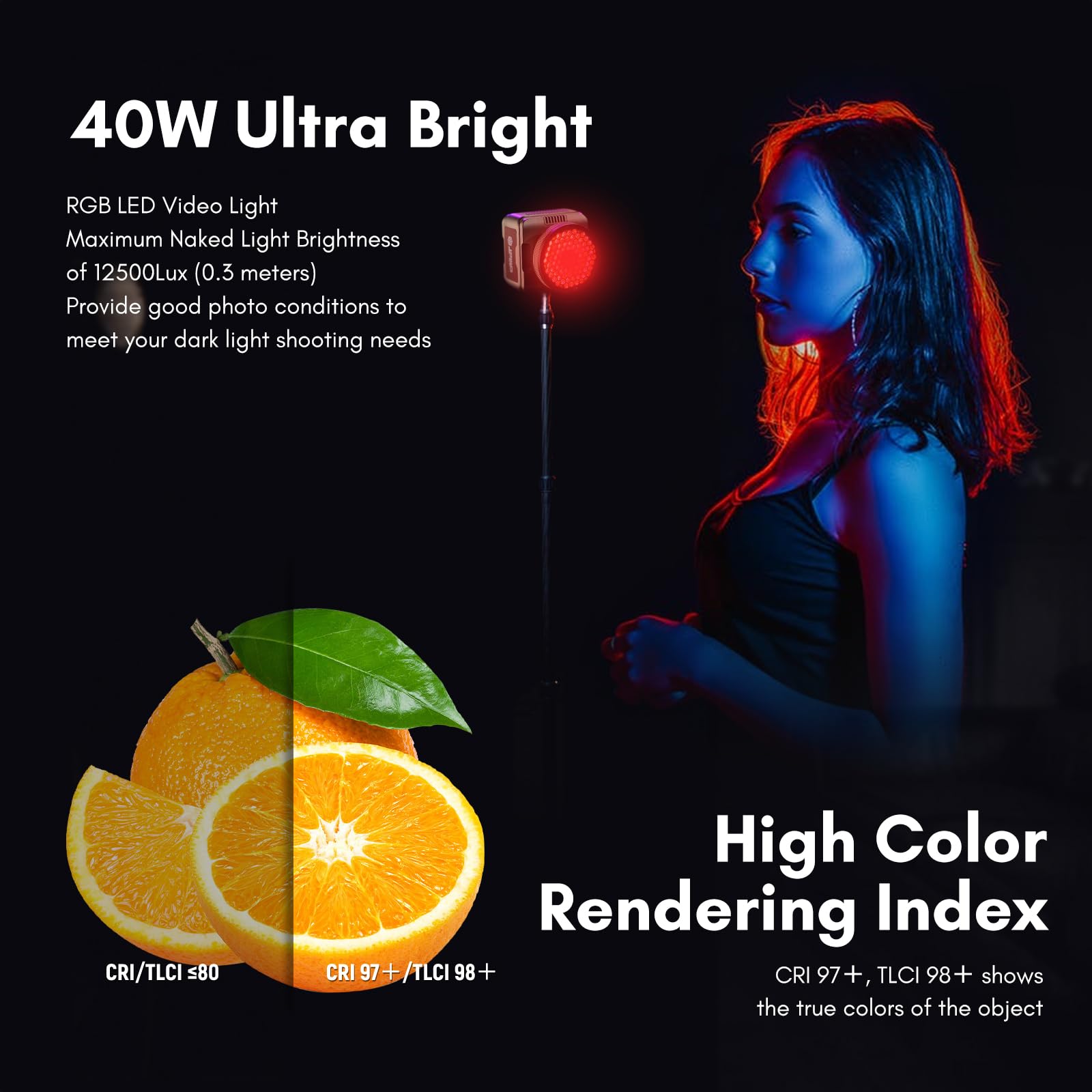 Tolifo Luce per videocamera a LED RGB da 40 W con batteria integrata, a scarpa fredda, diffusore e 60° Lenst, a colori 2700K-6500K CRI97+/TLCI98+, 20 scene per Tiktoker, Vlogger e Streamer