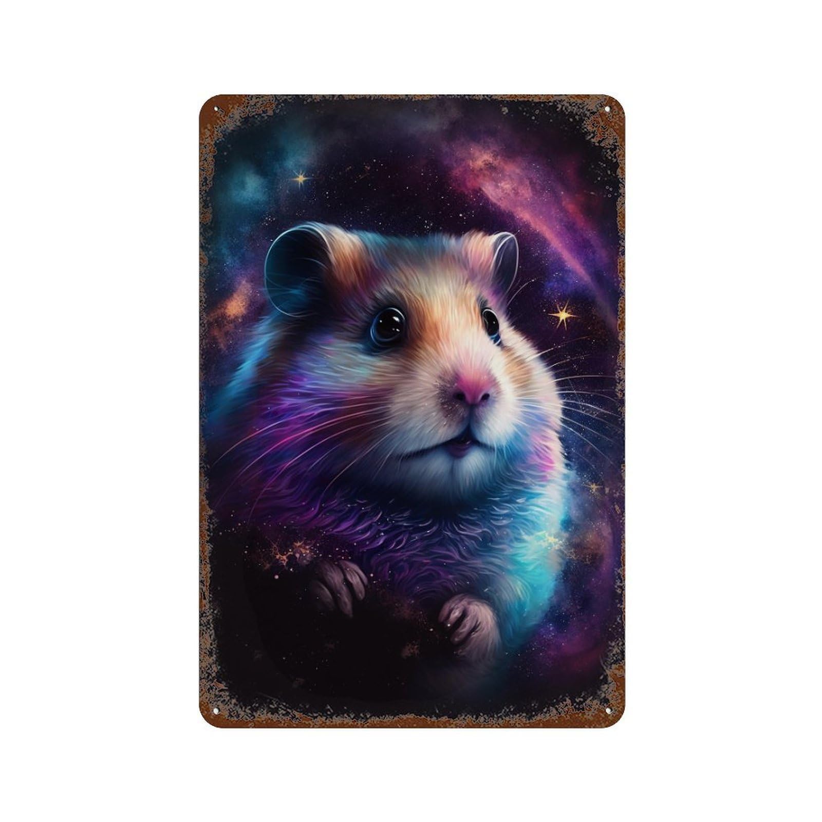 Rust Effect Cosmic Hamster Art Print-2 Rustic Tin Plaque 11.8"x7.9", Industrial Home Decor for Bistro, Counter And Cafe Decor