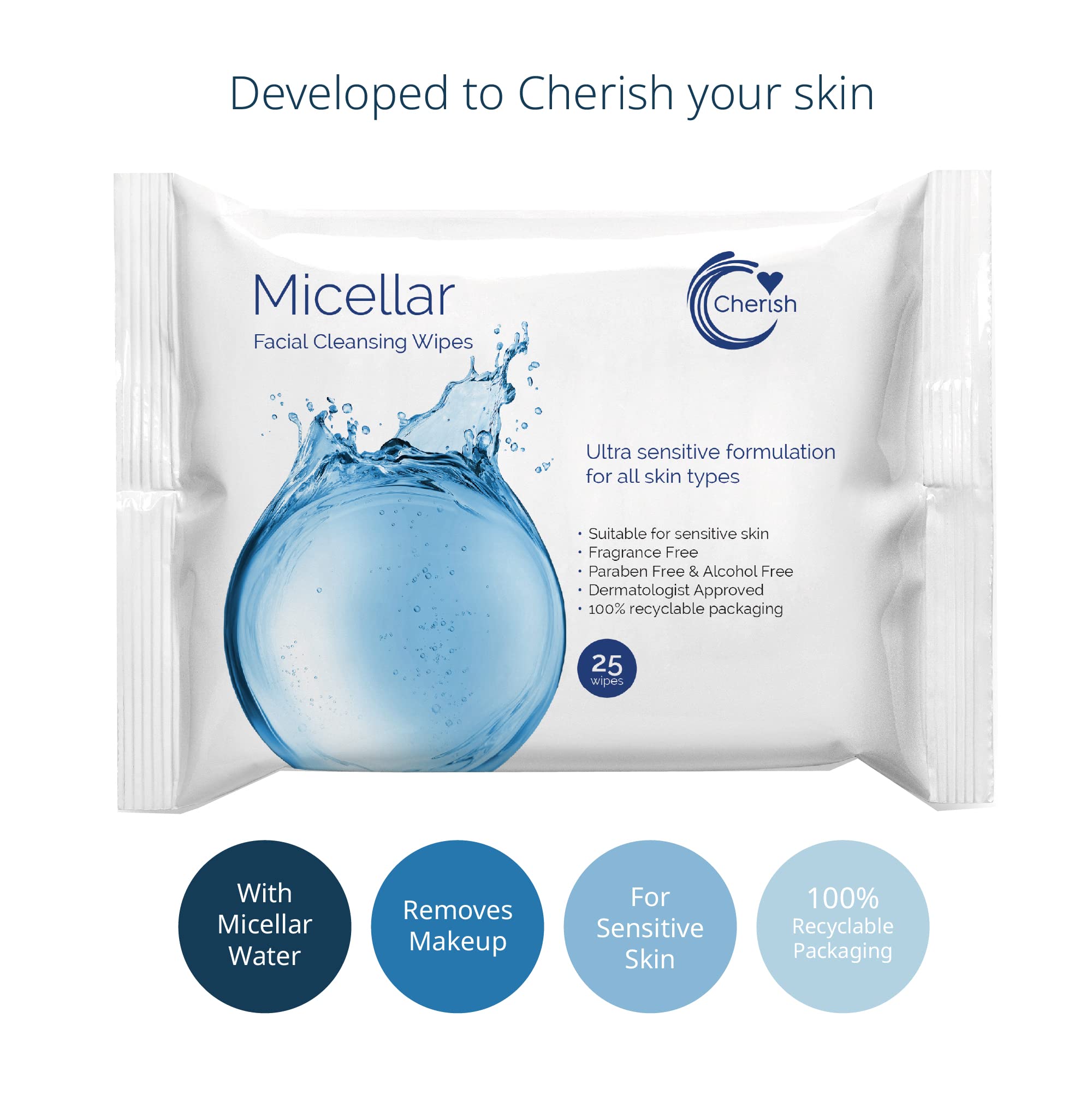Cherish Hypoallergenic Facial Cleansing Micellar Water Wipes, Make Up Removal, Sensitive Skin (12 packs x 25 wipes totaling 300 wipes) - Image 2