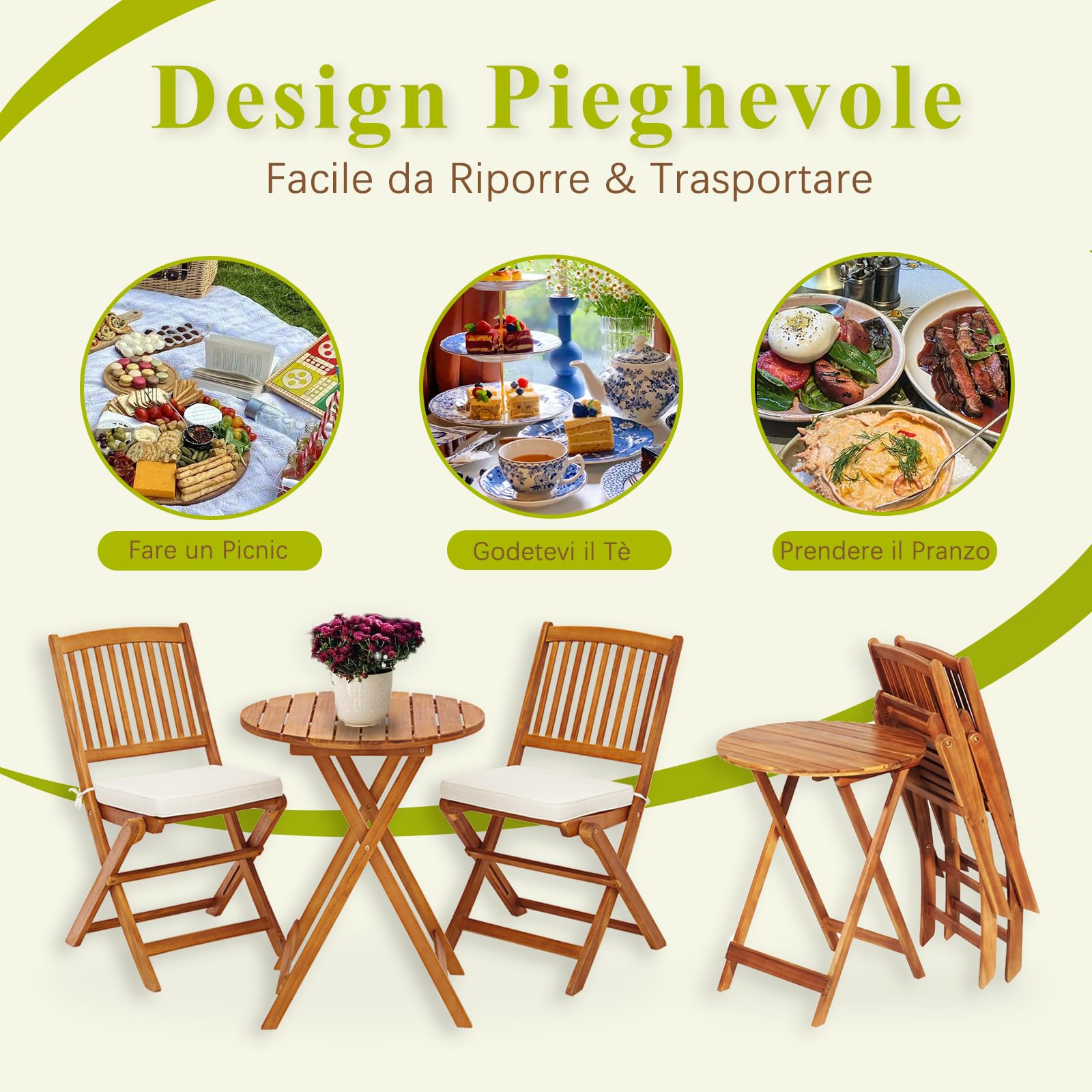 LIFEZEAL Set da Bistrò per Balcone Pieghevole, Set di Mobili da Esterno, 3 Pezzi, Set Tavolo e Sedie da Giardino con Cuscino Imbottito in Legno di Acacia, Tavolo Portato 80kg, Sedie Portate 160kg