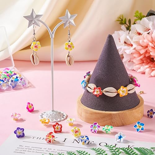Miniatura 58 de Craftdady 200 cuentas sueltas de arcilla polimérica Plumeria Flower Spacer de 0.472 x 0.315 in, colores mezclados al azar, 5 pétalos, cuentas Flores