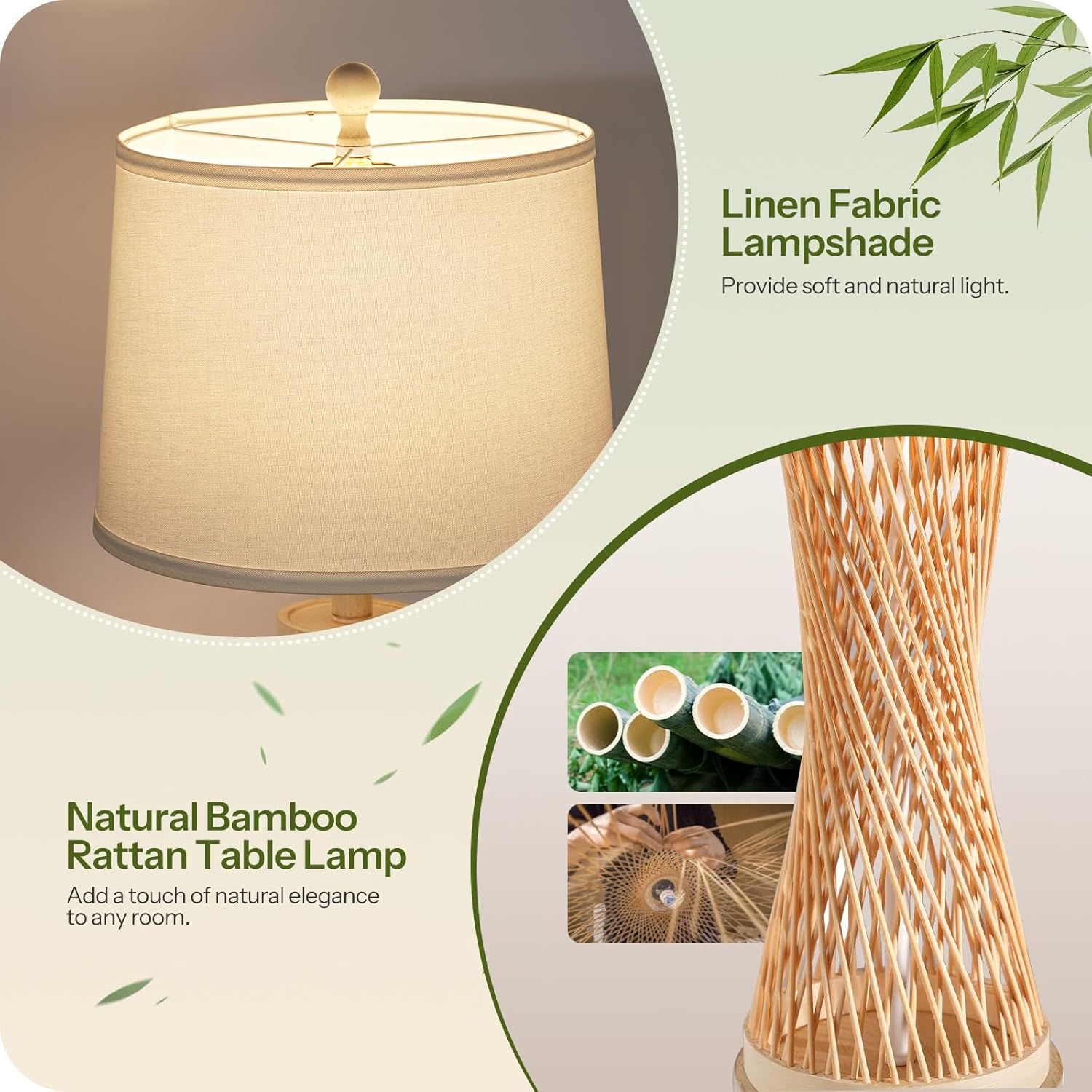 24.4”Farmhouse Rattan Table Lamps Set of 2, Touch Bedside Lamps for Bedroom with 3-Way Dimmable Night Light, USB A+C Charging Ports, Bamboo Boho Nightstand Lamps, White, W04TL05