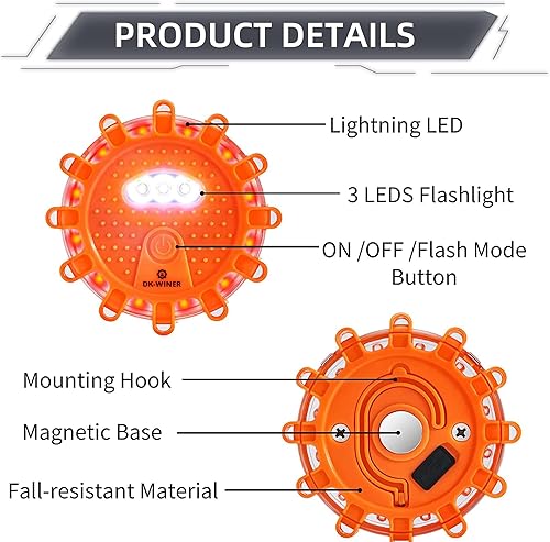 Miniatura 4 de Kit de bengalas LED de carretera para emergencia, kit de luces de emergencia para carretera con base magnética para vehículos y barcos  9 modos de