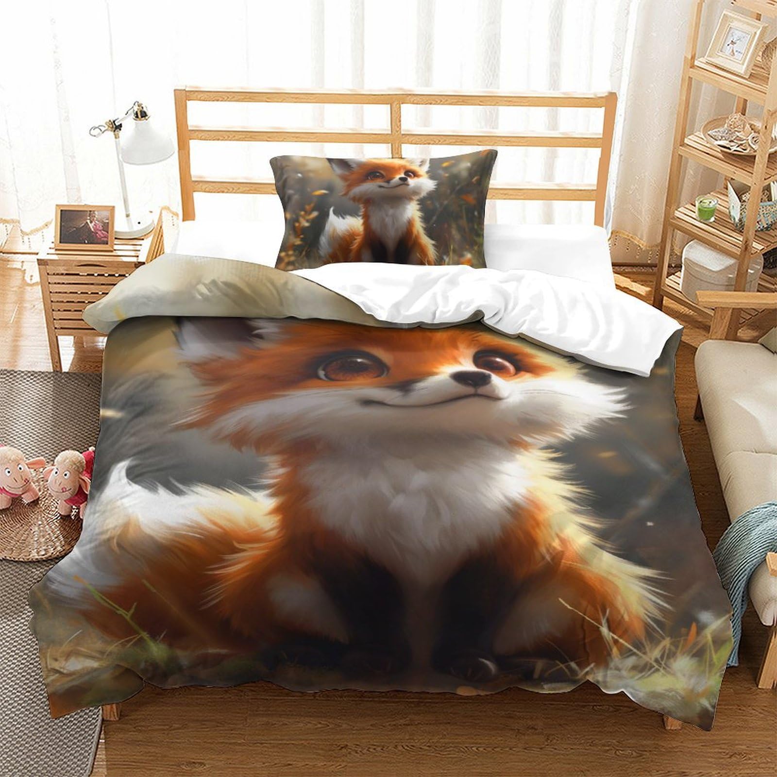Parure de lit imprimé 3D renard housse de couette microfibre douce