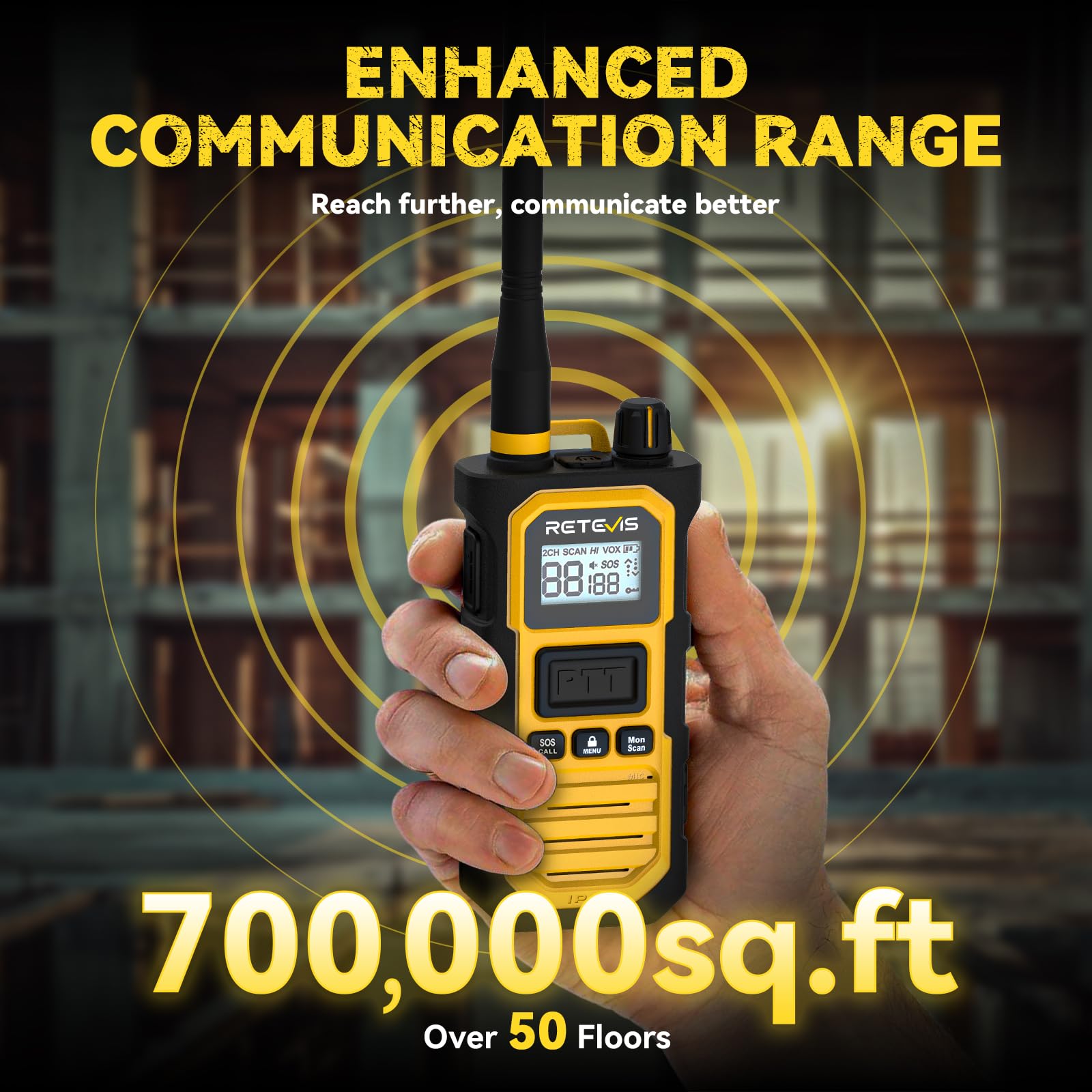 Retevis RB648 Pro Robustes Walkie Talkies, IP67 Wasserdicht, Hohe Leistung 2800 mAh, Gruppenruf, VOX, Intelligentes Audio, Handfunkgeräte mit großer reichweite für Baustellen (4 Stück, Gelb)